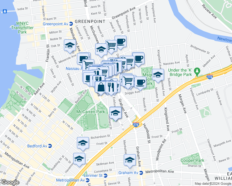 map of restaurants, bars, coffee shops, grocery stores, and more near 112 Eckford Street in Brooklyn