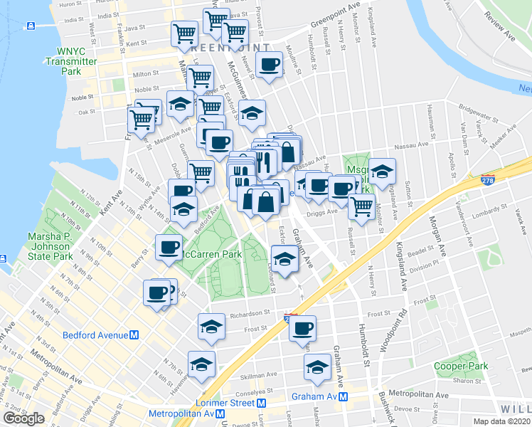 map of restaurants, bars, coffee shops, grocery stores, and more near 112 Eckford Street in Brooklyn