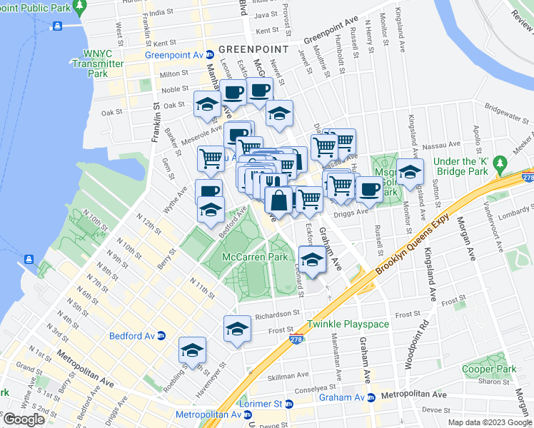 map of restaurants, bars, coffee shops, grocery stores, and more near 541 Leonard Street in Brooklyn