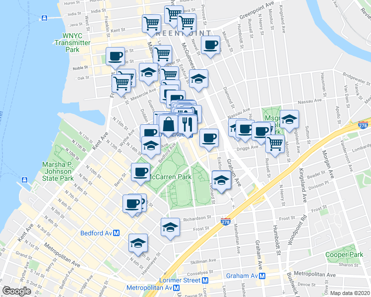 map of restaurants, bars, coffee shops, grocery stores, and more near in Brooklyn