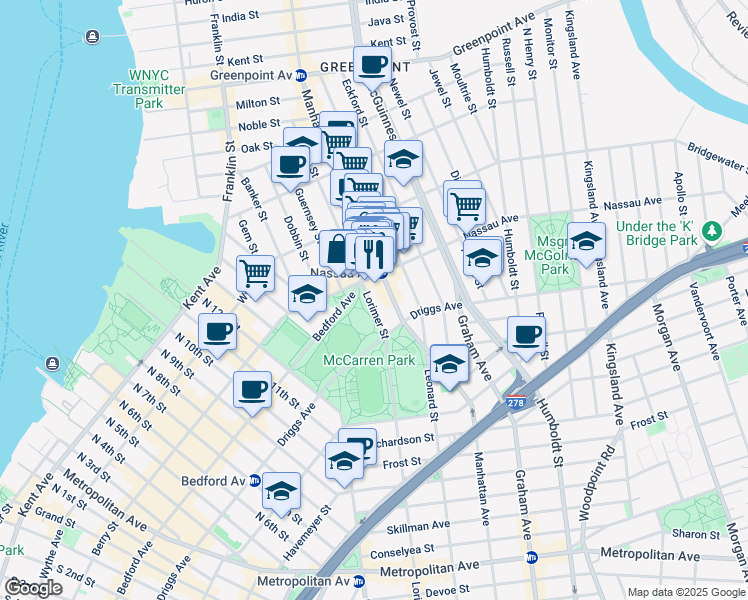 map of restaurants, bars, coffee shops, grocery stores, and more near 898 Lorimer Street in Brooklyn