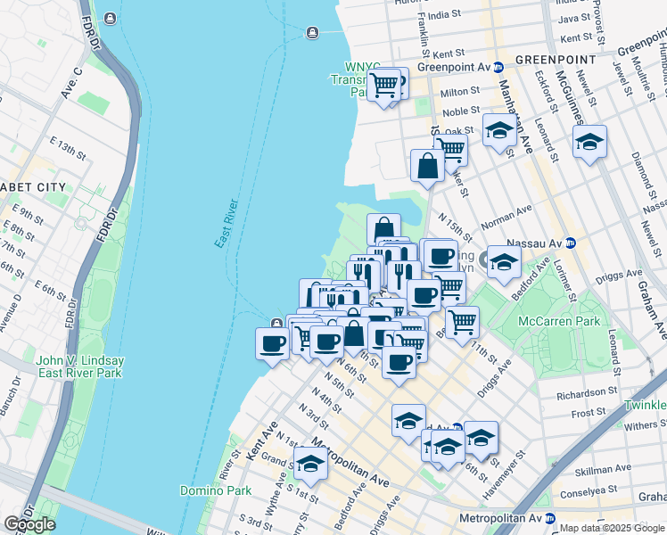 map of restaurants, bars, coffee shops, grocery stores, and more near 16 North 11th Street in Brooklyn