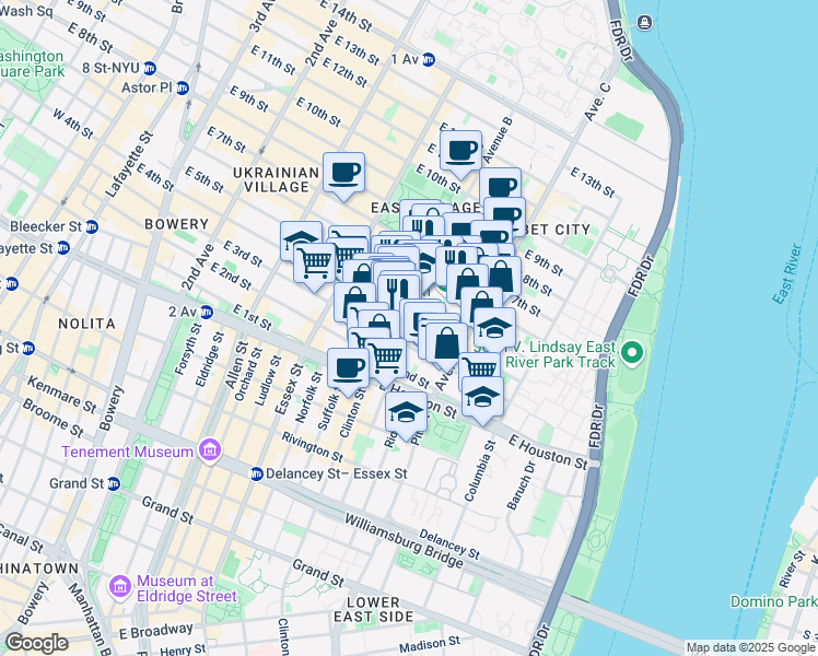 map of restaurants, bars, coffee shops, grocery stores, and more near 610 East 5th Street in New York