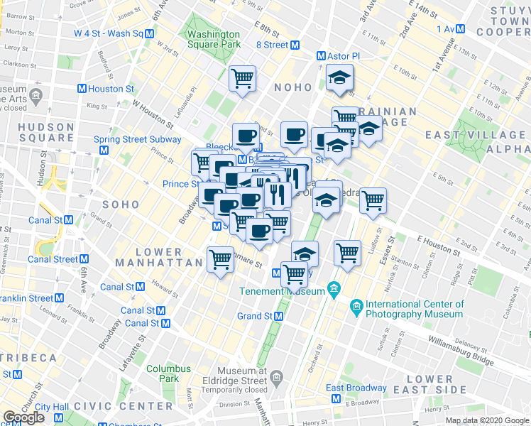 map of restaurants, bars, coffee shops, grocery stores, and more near 259 Elizabeth Street in New York