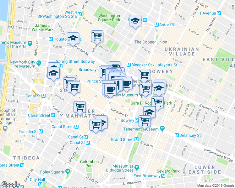 map of restaurants, bars, coffee shops, grocery stores, and more near 267 Lafayette Street in New York