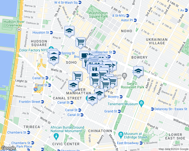 map of restaurants, bars, coffee shops, grocery stores, and more near 543 Broadway in New York