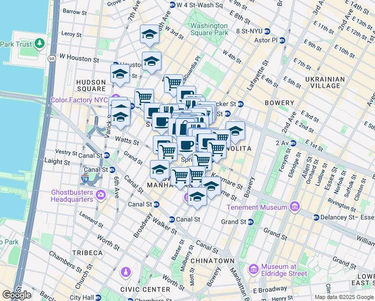 map of restaurants, bars, coffee shops, grocery stores, and more near 525 Broadway in New York