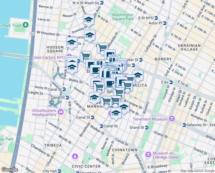 map of restaurants, bars, coffee shops, grocery stores, and more near 525 Broadway in New York