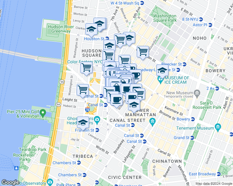 map of restaurants, bars, coffee shops, grocery stores, and more near in New York
