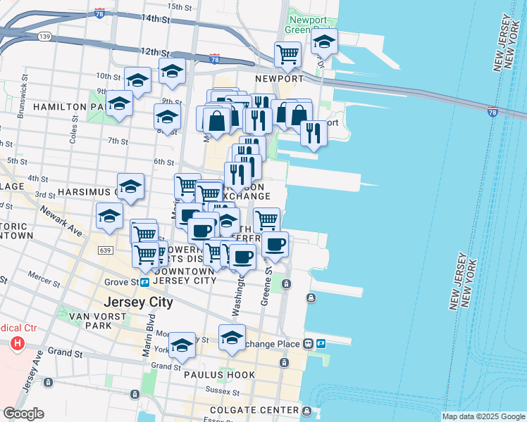 map of restaurants, bars, coffee shops, grocery stores, and more near 444 Washington Boulevard in Jersey City