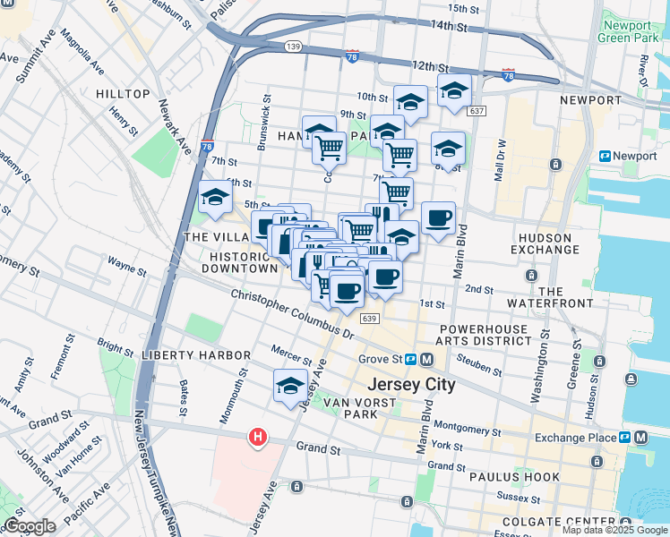 map of restaurants, bars, coffee shops, grocery stores, and more near 579 Jersey Avenue in Jersey City