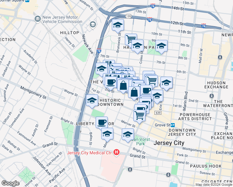 map of restaurants, bars, coffee shops, grocery stores, and more near 394 2nd Street in Jersey City