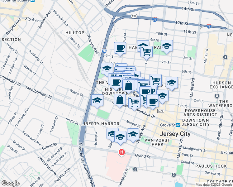 map of restaurants, bars, coffee shops, grocery stores, and more near in Jersey City