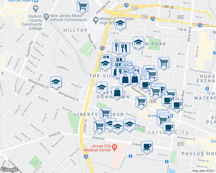 map of restaurants, bars, coffee shops, grocery stores, and more near in Jersey City