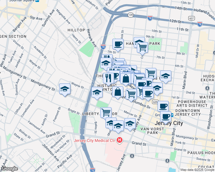 map of restaurants, bars, coffee shops, grocery stores, and more near in Jersey City