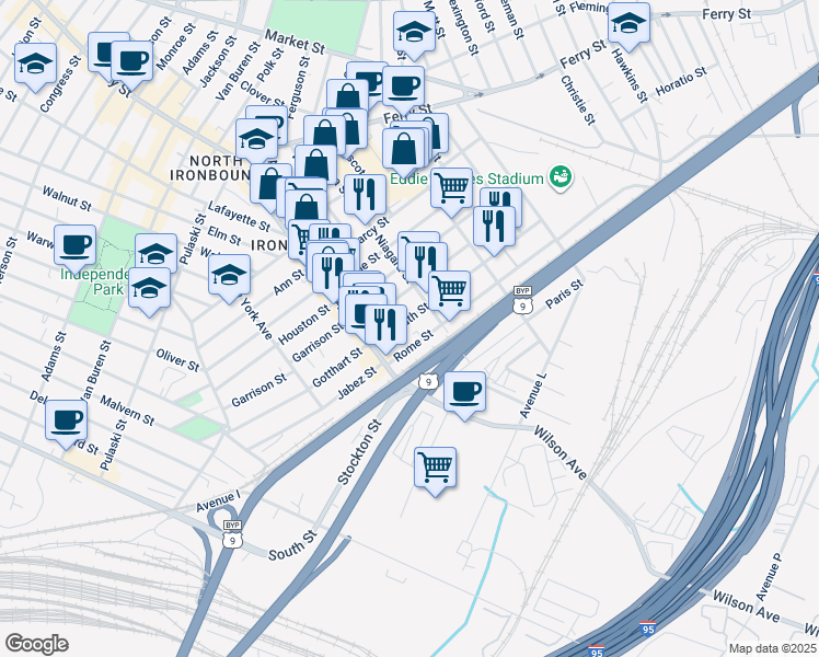 map of restaurants, bars, coffee shops, grocery stores, and more near 55 Kossuth Street in Newark