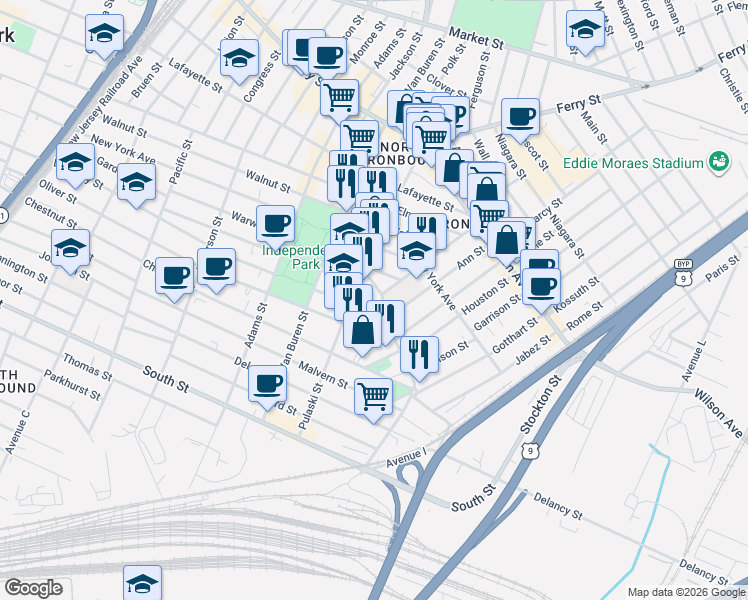 map of restaurants, bars, coffee shops, grocery stores, and more near 205 Warwick Street in Newark