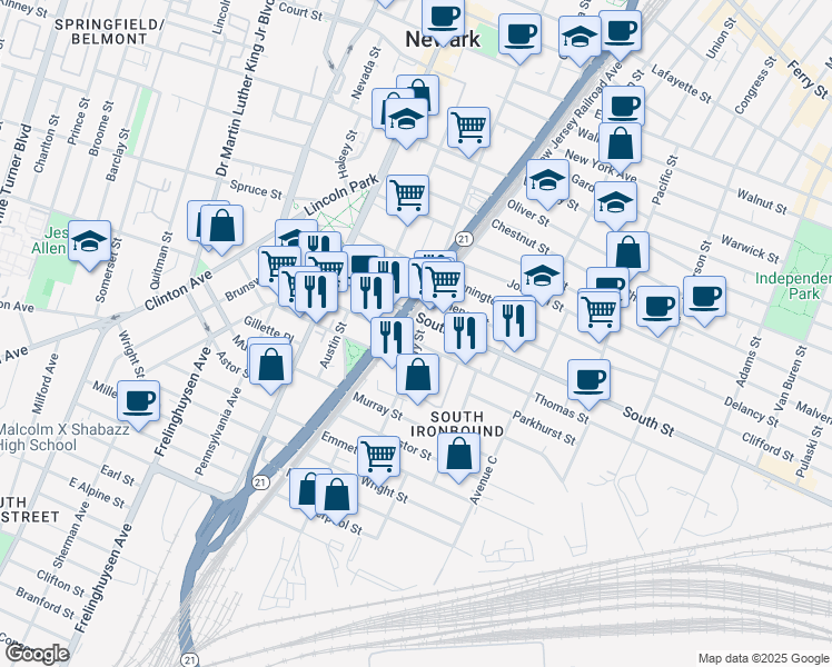 map of restaurants, bars, coffee shops, grocery stores, and more near 90 South Street in Newark