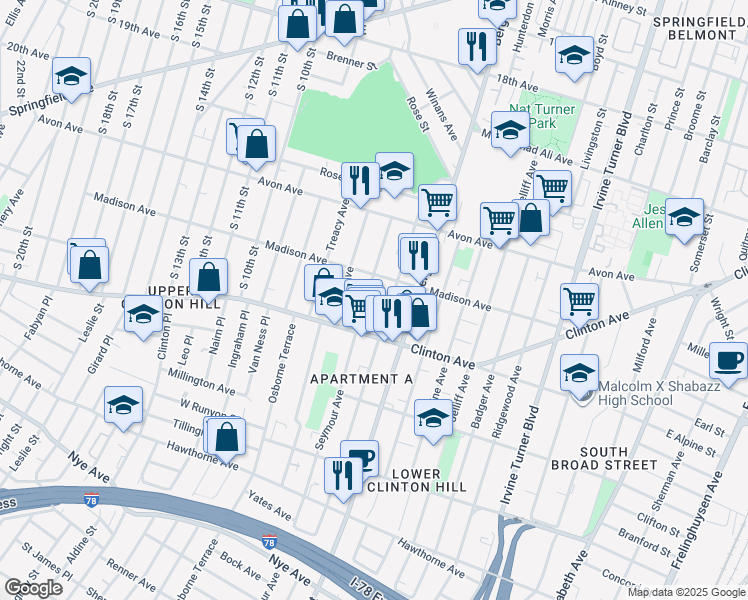 map of restaurants, bars, coffee shops, grocery stores, and more near 59 Seymour Avenue in Newark