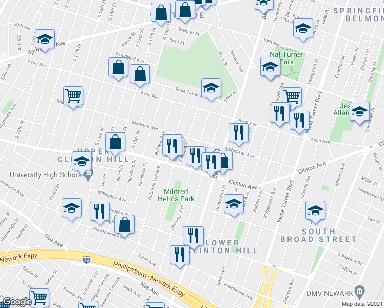map of restaurants, bars, coffee shops, grocery stores, and more near 59 Seymour Avenue in Newark