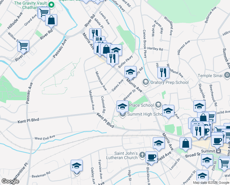 map of restaurants, bars, coffee shops, grocery stores, and more near 10A Gates Avenue in Summit