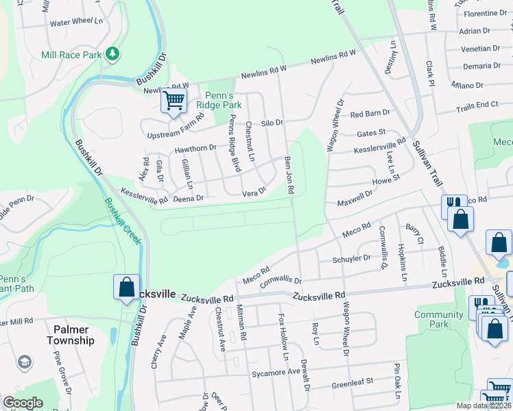 map of restaurants, bars, coffee shops, grocery stores, and more near 1170 Vera Drive in Easton