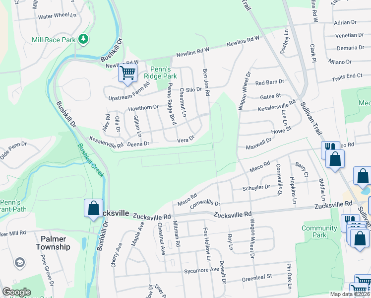 map of restaurants, bars, coffee shops, grocery stores, and more near 1225 Vera Drive in Easton