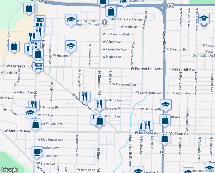 map of restaurants, bars, coffee shops, grocery stores, and more near 609 West Maywood Avenue in Peoria