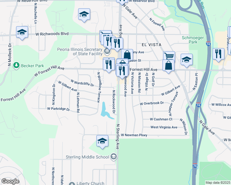 map of restaurants, bars, coffee shops, grocery stores, and more near 2920 North Rockwood Drive in Peoria