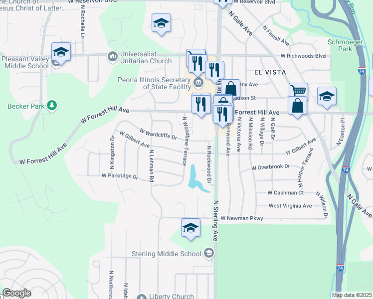 map of restaurants, bars, coffee shops, grocery stores, and more near 2604 West Wardcliffe Drive in Peoria