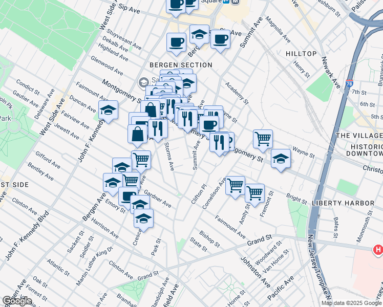 map of restaurants, bars, coffee shops, grocery stores, and more near 246 Summit Avenue in Jersey City