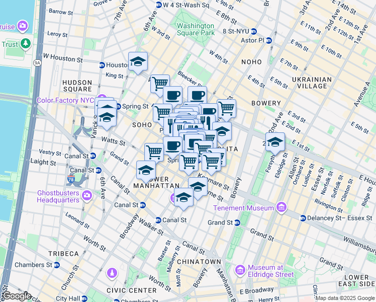 map of restaurants, bars, coffee shops, grocery stores, and more near 543 Broadway in New York