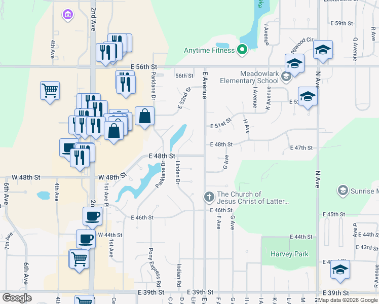 map of restaurants, bars, coffee shops, grocery stores, and more near 49th in Kearney