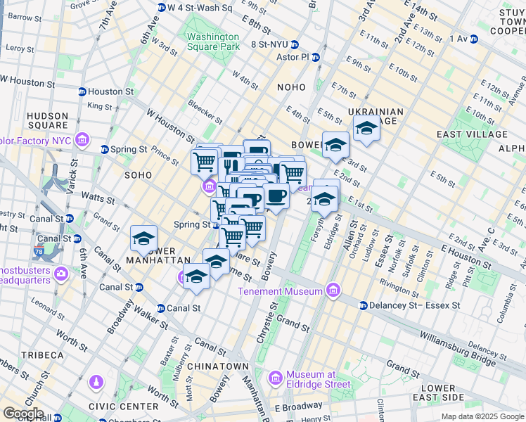 map of restaurants, bars, coffee shops, grocery stores, and more near 19 Prince Street in New York