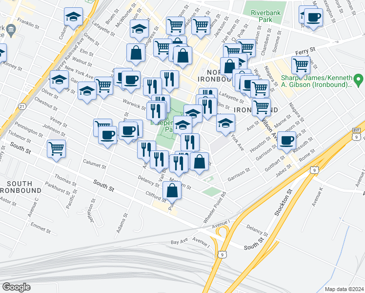 map of restaurants, bars, coffee shops, grocery stores, and more near 367 East Kinney Street in Newark