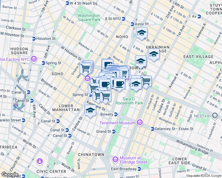 map of restaurants, bars, coffee shops, grocery stores, and more near 229 Elizabeth Street in New York