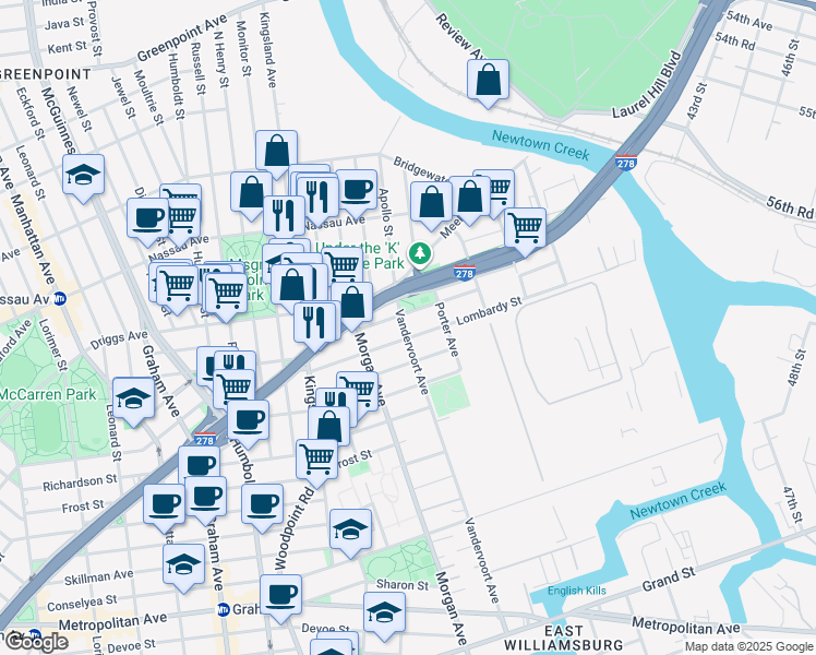 map of restaurants, bars, coffee shops, grocery stores, and more near 53 Anthony Street in Brooklyn