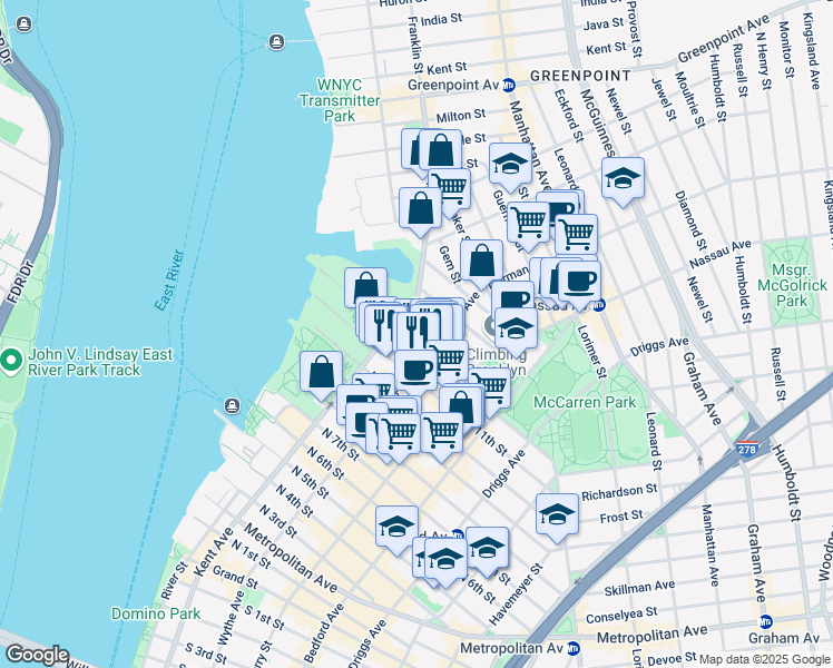 map of restaurants, bars, coffee shops, grocery stores, and more near 25 Kent Avenue in Brooklyn