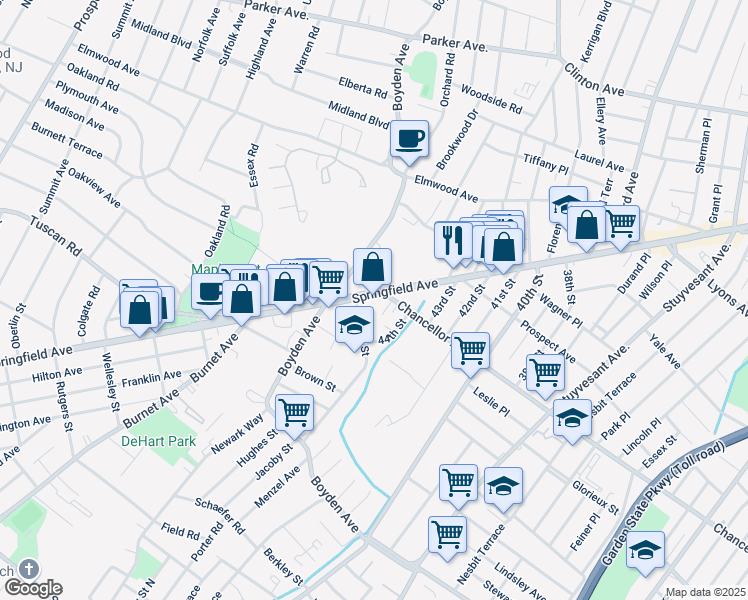 map of restaurants, bars, coffee shops, grocery stores, and more near 1511 Springfield Avenue in Maplewood