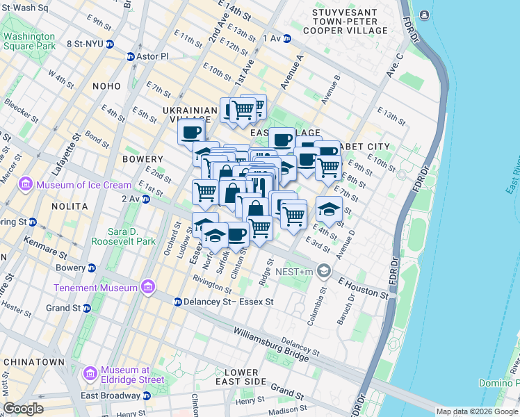 map of restaurants, bars, coffee shops, grocery stores, and more near 40 Avenue B in New York