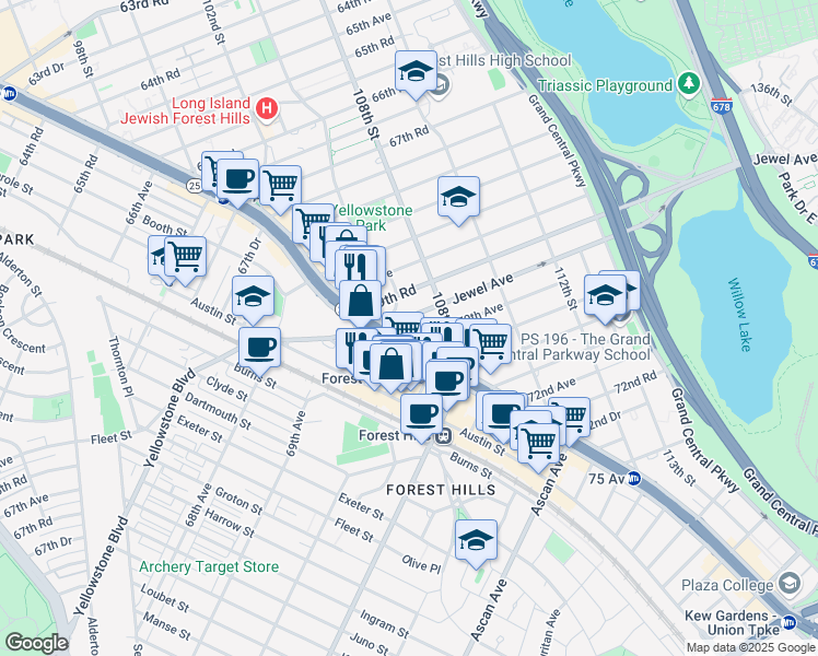 map of restaurants, bars, coffee shops, grocery stores, and more near 10202 Queens Boulevard in Queens