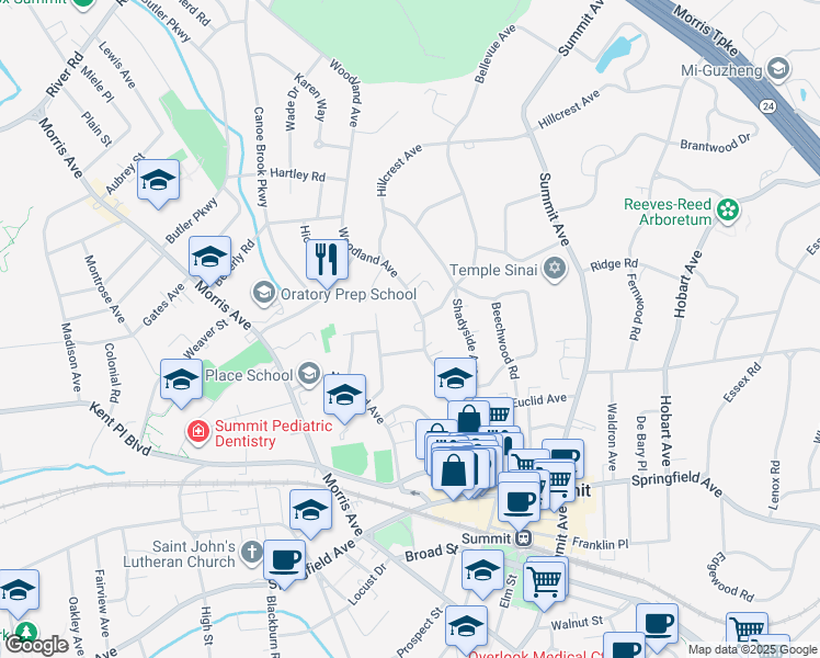 map of restaurants, bars, coffee shops, grocery stores, and more near 90 Woodland Avenue in Summit