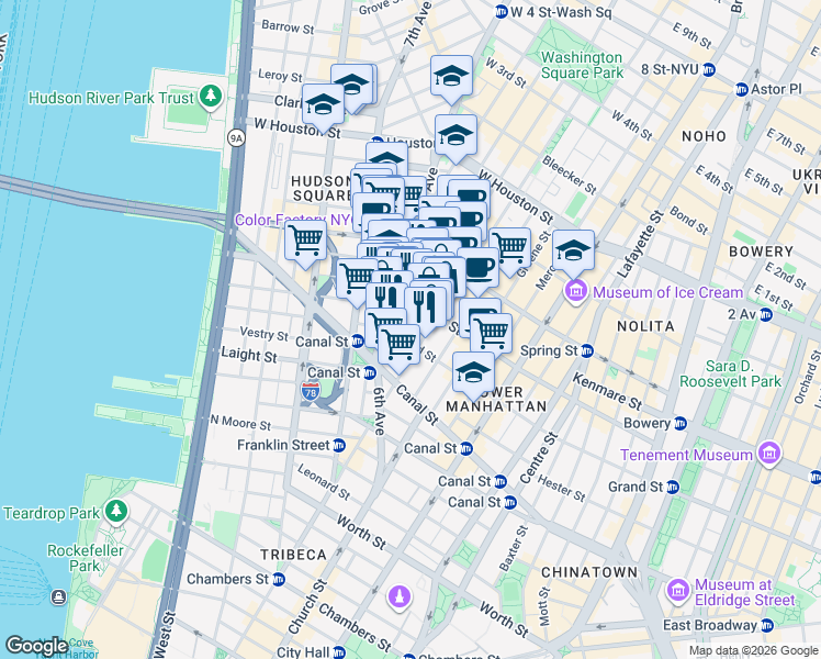 map of restaurants, bars, coffee shops, grocery stores, and more near 28 Thompson Street in New York