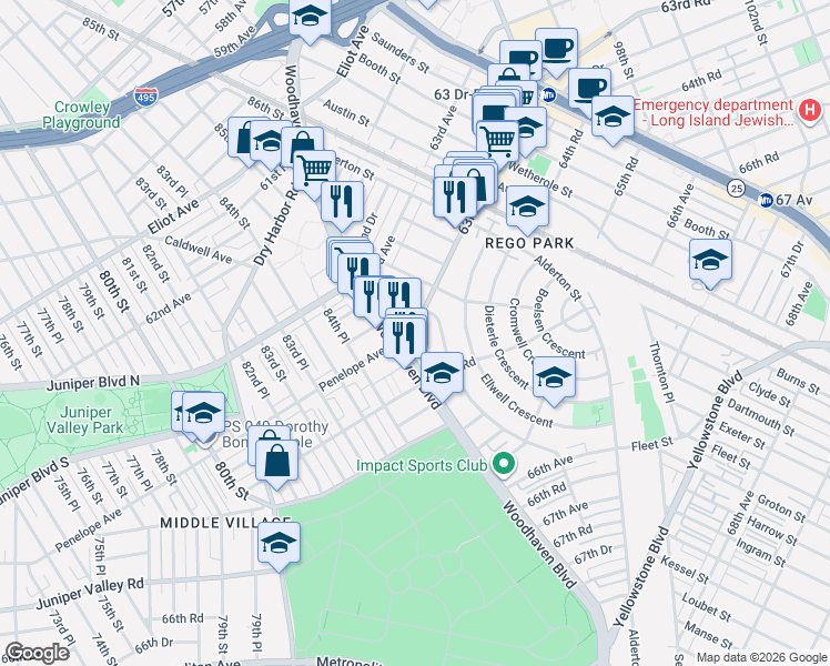 map of restaurants, bars, coffee shops, grocery stores, and more near 63-15 Everton Street in Queens
