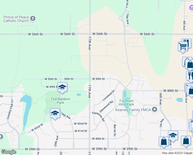 map of restaurants, bars, coffee shops, grocery stores, and more near 16th Avenue Place in Kearney