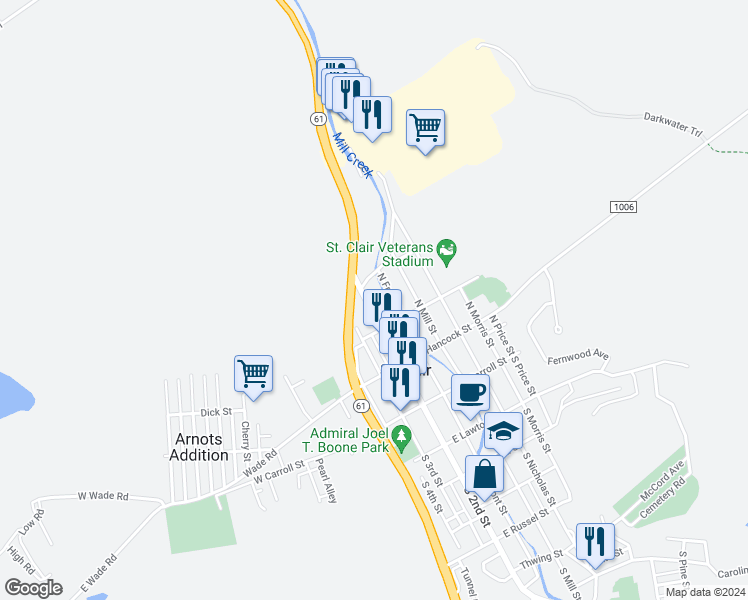 map of restaurants, bars, coffee shops, grocery stores, and more near 243 North 2nd Street in Saint Clair