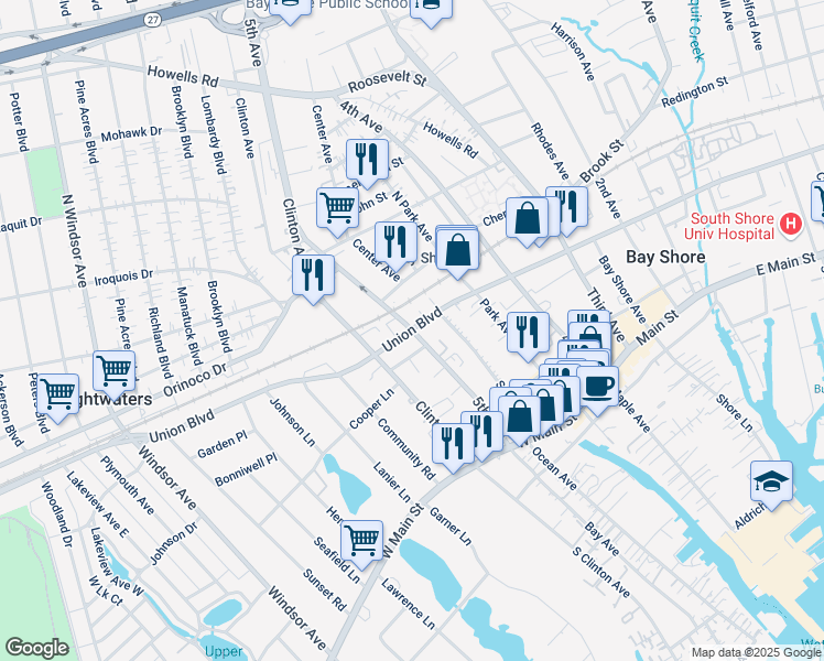 map of restaurants, bars, coffee shops, grocery stores, and more near Union Boulevard & 5th Avenue in Bay Shore