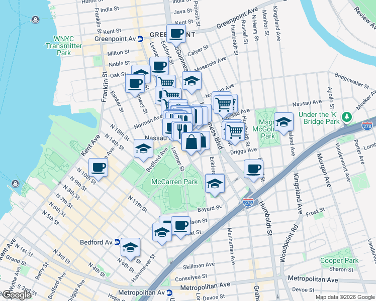 map of restaurants, bars, coffee shops, grocery stores, and more near 541 Leonard Street in Brooklyn