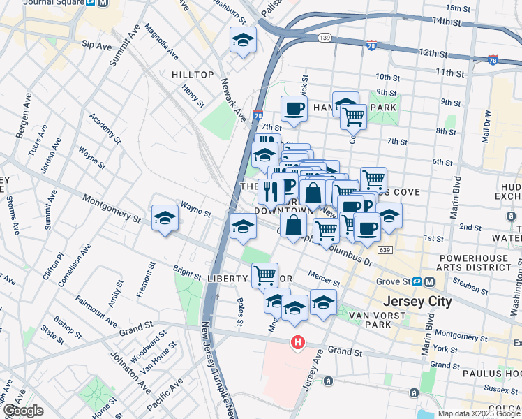 map of restaurants, bars, coffee shops, grocery stores, and more near 1st St & Colgate St in Jersey City