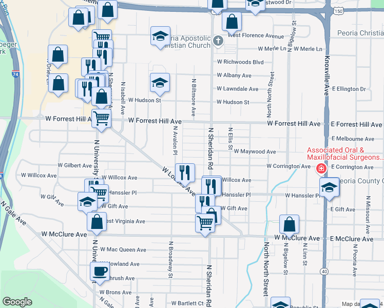 map of restaurants, bars, coffee shops, grocery stores, and more near 800 West Maywood Avenue in Peoria